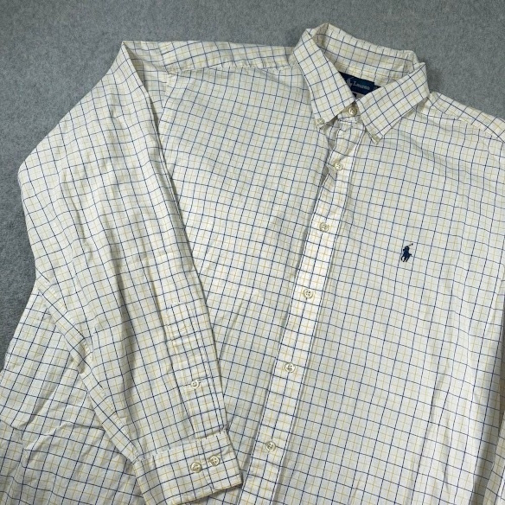 Ralph Lauren Yarmouth Button Down Mens 16.5 34/35 White Blue Yellow Check Cotton